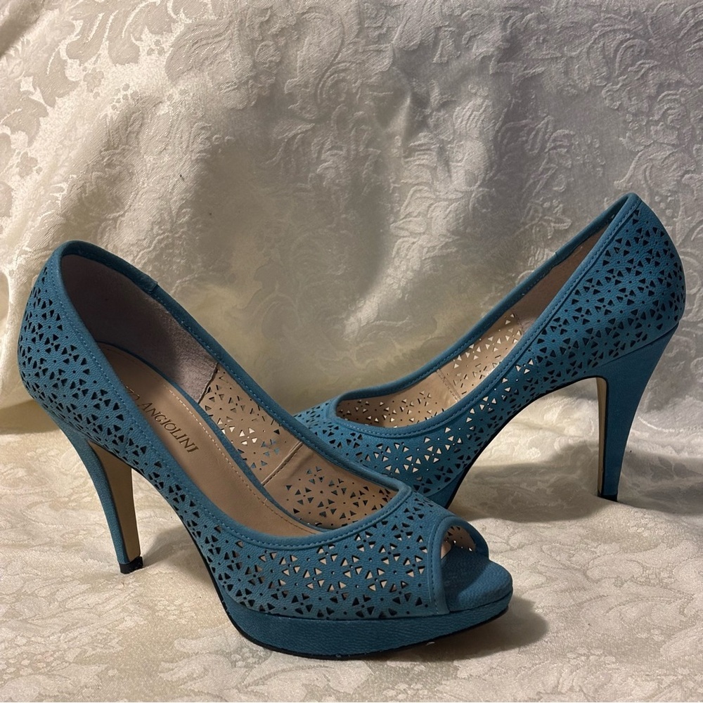 Enzo Angiolini Demario Blue Laser Cut Suede Peep-Toe Heels, Size 7
